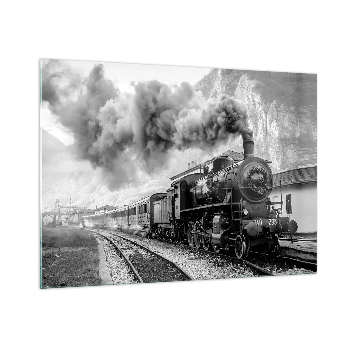 Quadro su vetro - Un vecchio treno a vapore in un paesaggio montano - 100x70cm - Ferma alla stazione... - Decorazione murale moderna per soggiorno e camera da letto ARTTOR