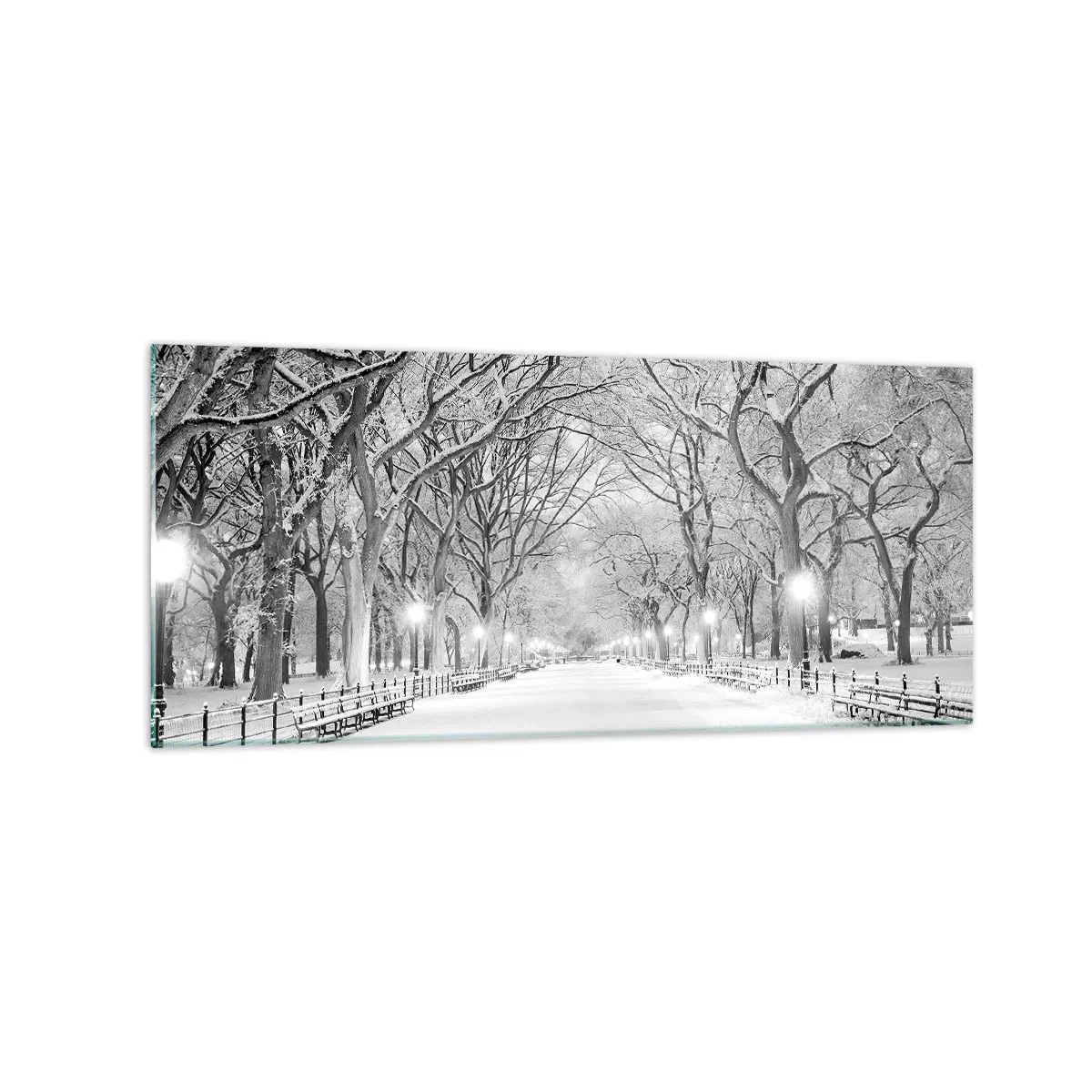 Quadro su vetro - Un vicolo invernale con alberi innevati in bianco e nero - 120x50cm - Quattro stagioni: l'inverno - Decorazione murale moderna per soggiorno e camera da letto ARTTOR