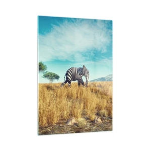 Quadro su vetro - Un elefante con strisce zebrate nella savana sotto il cielo - 50x70cm - Il grigio non è più di moda - Decorazione murale moderna per soggiorno e camera da letto ARTTOR