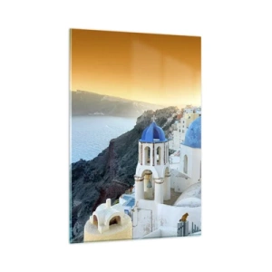 Quadro su vetro - Vista di Santorini con edifici bianchi e mare blu - 80x120cm - Santorini: aggrappate alle rocce - Decorazione murale moderna per soggiorno e camera da letto ARTTOR