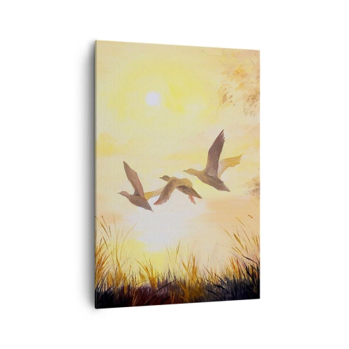 Quadro su tela - Stampe su Tela - Anatre che volano all'alba sul lago - 70x100cm - L'inizio di un lungo viaggio - Decorazione murale moderna per soggiorno e camera da letto ARTTOR