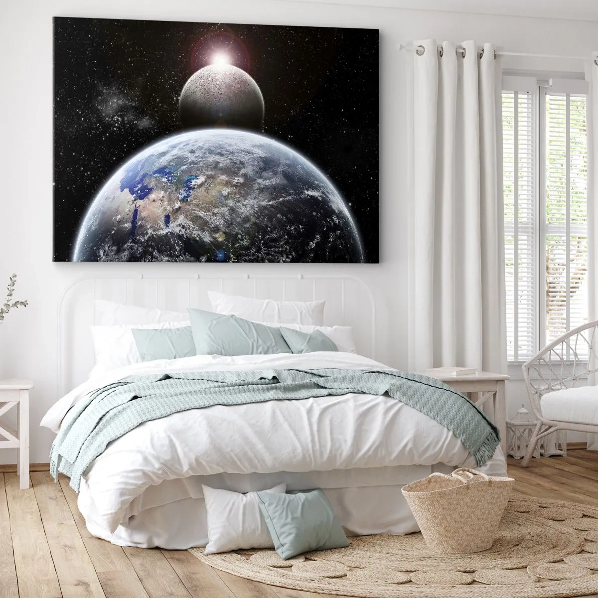 Quadro su tela - Stampe su Tela - Il pianeta Terra e la Luna sullo sfondo dello spazio stellato. - 120x80cm - Paesaggio cosmico: sorgere del sole - Decorazione murale moderna per soggiorno e camera da letto ARTTOR