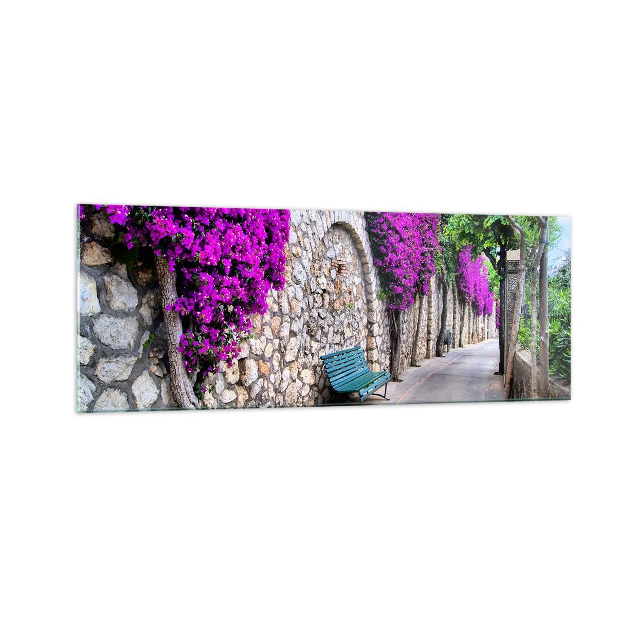 Quadro su vetro - Un sentiero in pietra con una panchina e fiori viola in fiore - 140x50cm - Incontriamoci al più presto - Decorazione murale moderna per soggiorno e camera da letto ARTTOR