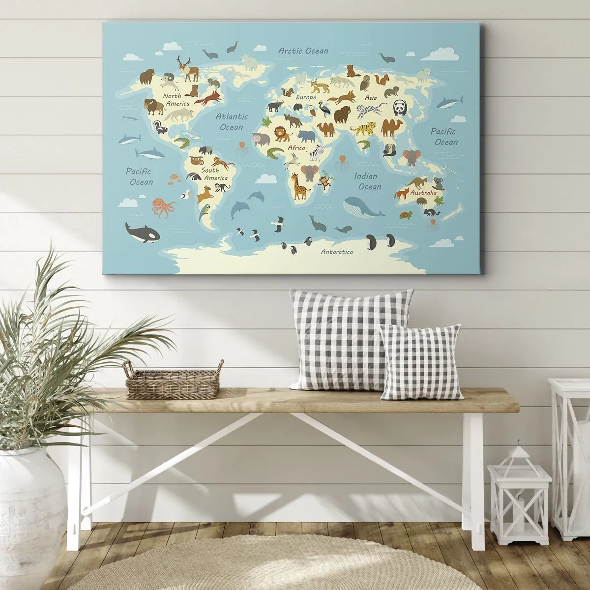 Quadro su tela - Stampe su Tela - Mappa del mondo con illustrazioni di animali - 70x50cm - Buoni vicini - Decorazione murale moderna per soggiorno e camera da letto ARTTOR