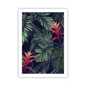Poster - Foglie e fiori tropicali su sfondo scuro - 50x70cm - Fiammante nel verde - Decorazione murale moderna per soggiorno e camera da letto ARTTOR