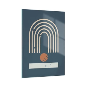 Quadro su vetro - Composizione geometrica retrò su sfondo scuro - 50x70cm - Geometria in blu - Decorazione murale moderna per soggiorno e camera da letto ARTTOR