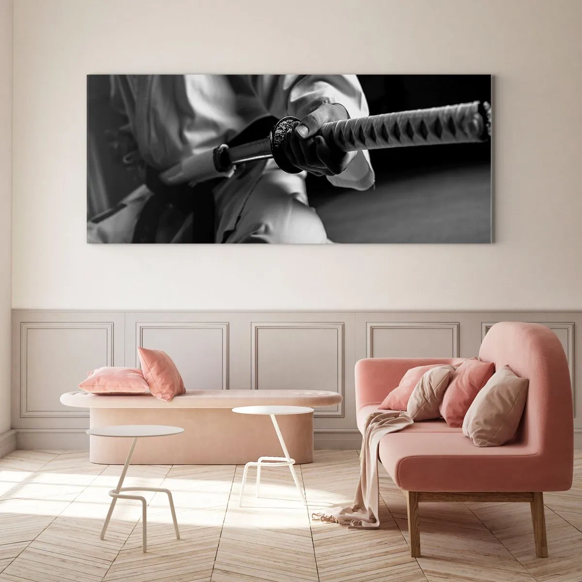 Quadro su vetro - Un samurai in kimono che impugna una katana in bianco e nero. - 160x50cm - L'anima del guerriero - Decorazione murale moderna per soggiorno e camera da letto ARTTOR