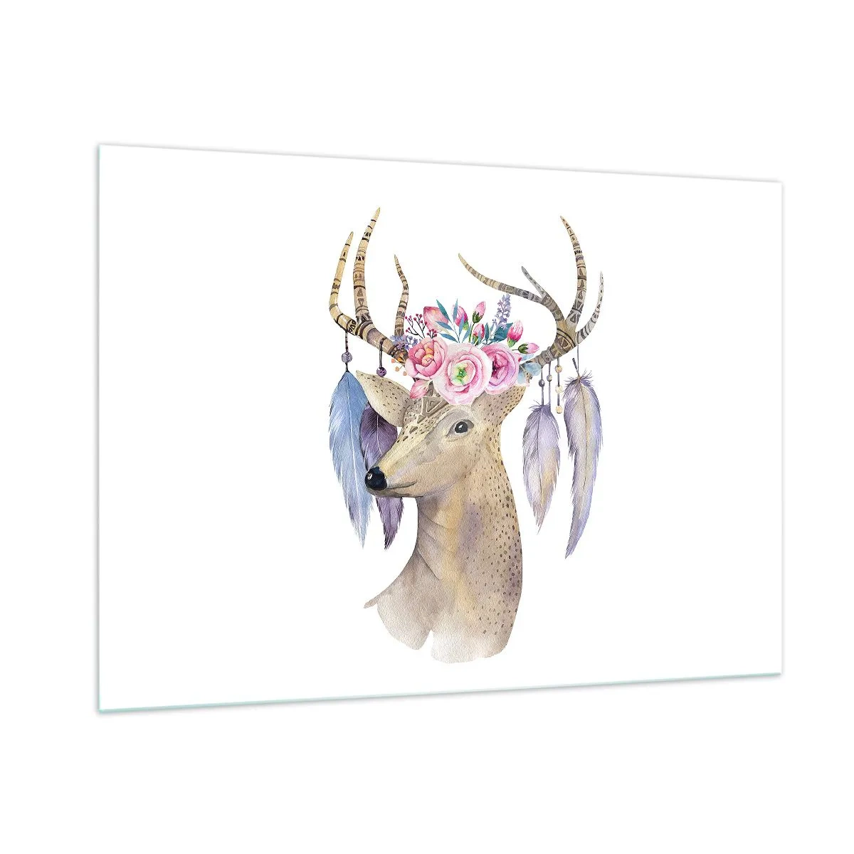 Quadro su vetro - Cervo con corona di fiori e piume - 100x70cm - Guida delle anime: delicato e innocente - Decorazione murale moderna per soggiorno e camera da letto ARTTOR