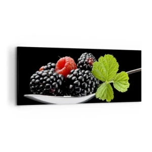 Quadro su tela - Stampe su Tela - More e lamponi su un cucchiaio con una foglia su uno sfondo nero - 120x50cm - I sapori della freschezza - Decorazione murale moderna per soggiorno e camera da letto ARTTOR