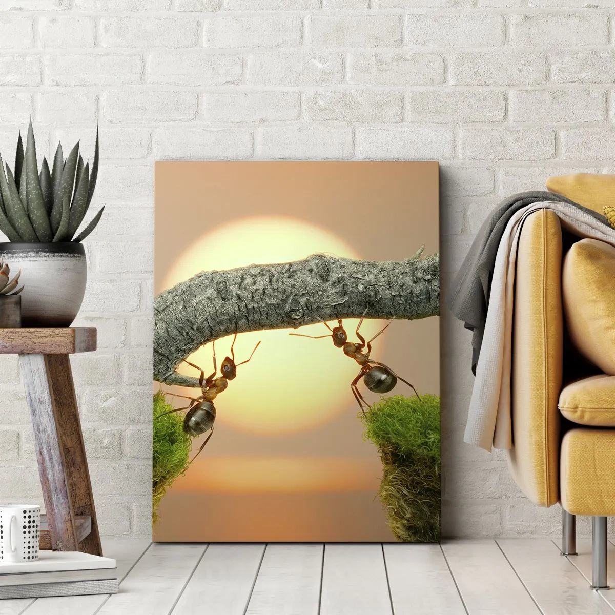 Quadro su tela - Stampe su Tela - Formiche che costruiscono un ponte di rami sullo sfondo del sole al tramonto. - 50x70cm - Gioioso lavoro comune - Decorazione murale moderna per soggiorno e camera da letto ARTTOR
