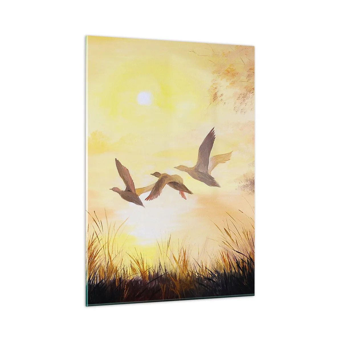 Quadro su vetro - Tre anatre che volano sopra un lago all'alba - 50x70cm - L'inizio di un lungo viaggio - Decorazione murale moderna per soggiorno e camera da letto ARTTOR