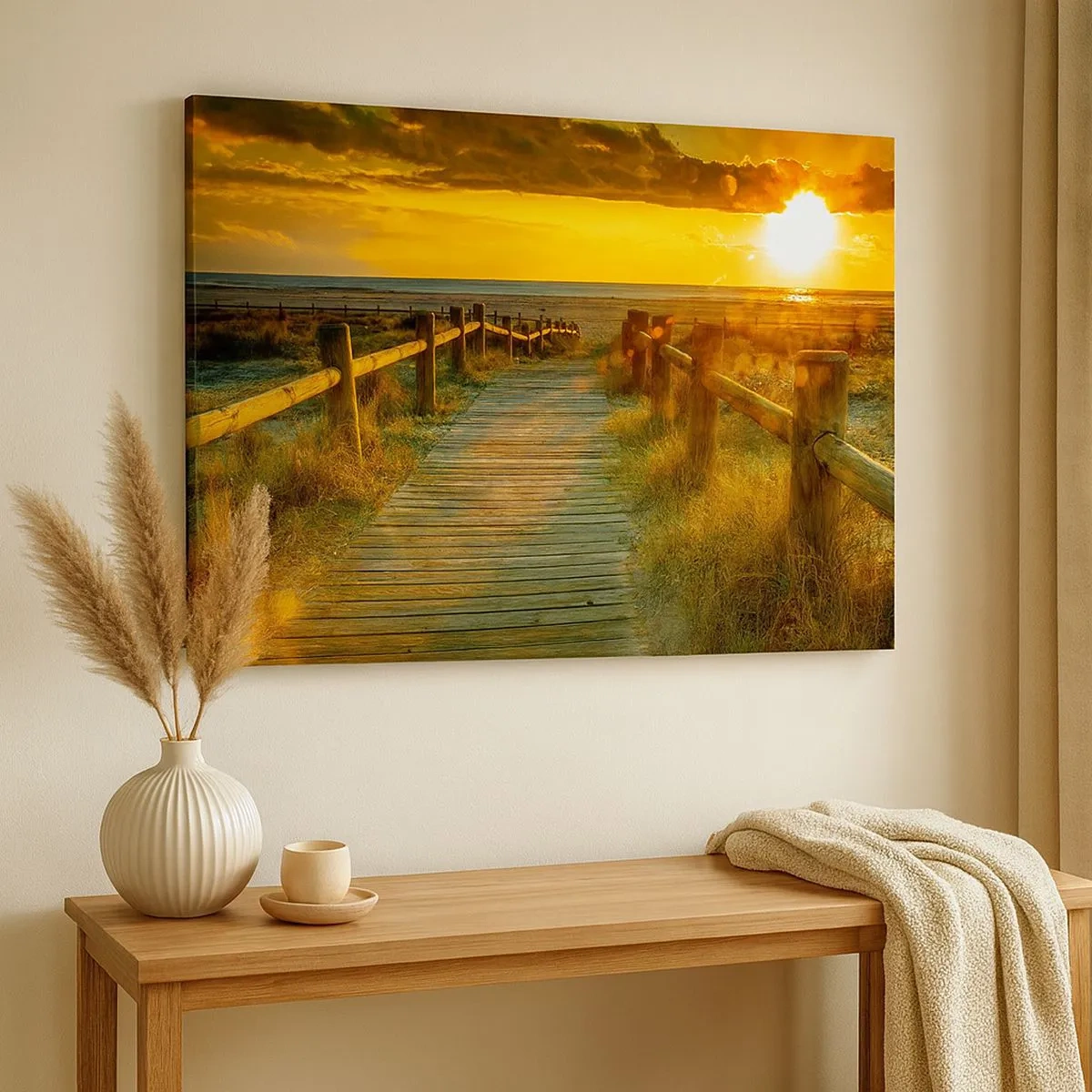 Quadro su tela - Stampe su Tela - Un sentiero in legno che conduce alla spiaggia al chiarore del sole al tramonto - 70x50cm - Immerse nell'oro vecchio - Decorazione murale moderna per soggiorno e camera da letto ARTTOR