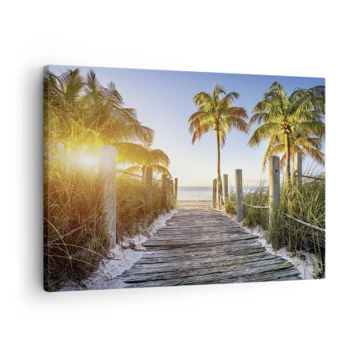 Quadro su tela - Stampe su Tela - Sentiero in legno sulla spiaggia con palme sullo sfondo - 70x50cm - Dritto in paradiso - Decorazione murale moderna per soggiorno e camera da letto ARTTOR