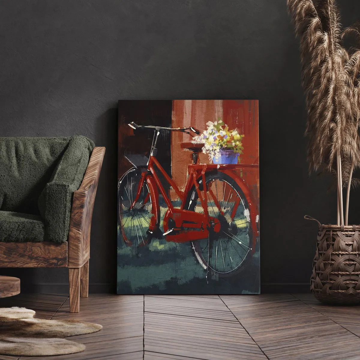 Quadro su tela - Stampe su Tela - Una bicicletta rossa con fiori contro un muro arancione - 80x120cm - I want to ride my bicycle - Decorazione murale moderna per soggiorno e camera da letto ARTTOR