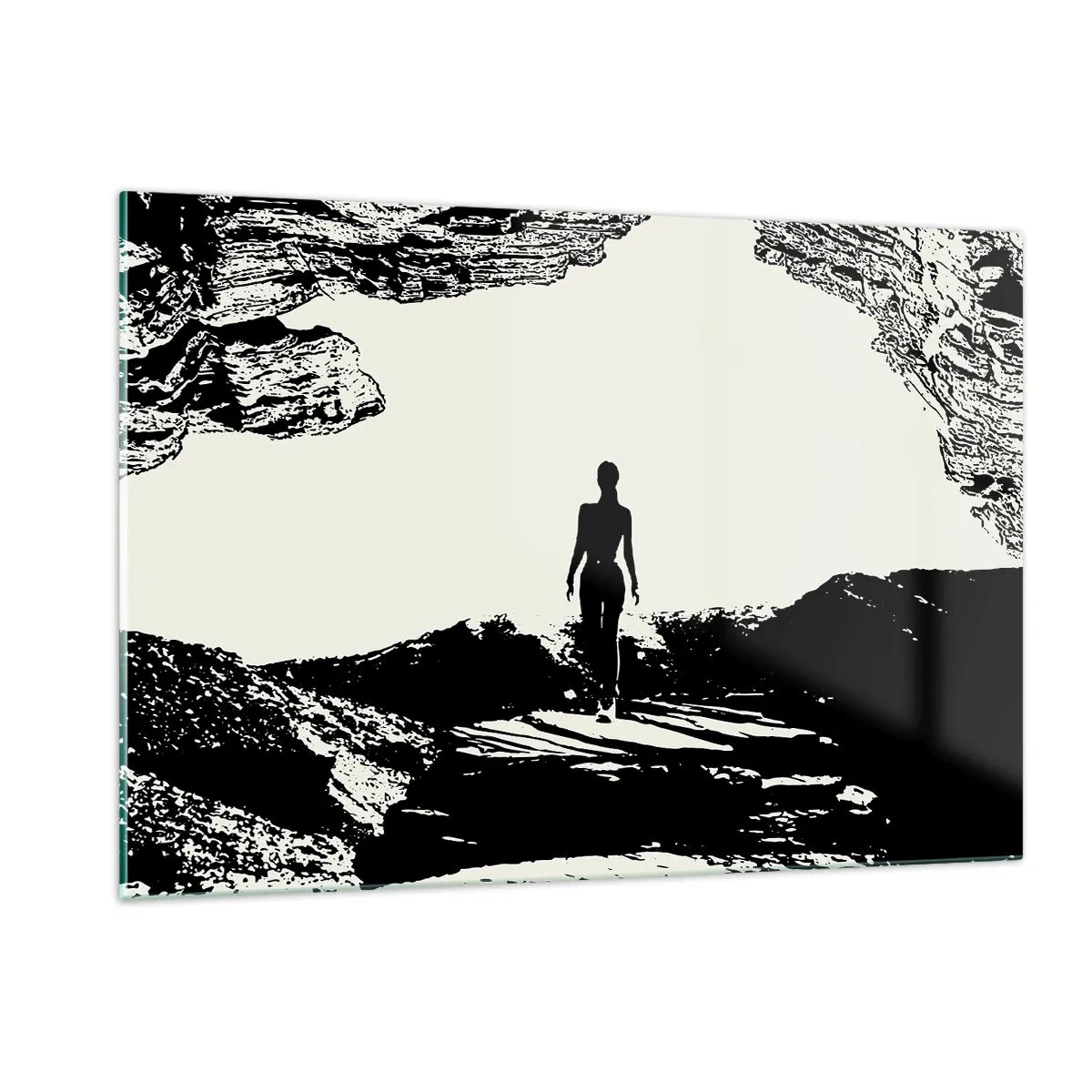 Quadro su vetro - Silhouette di una donna che emerge da una grotta in grafica in bianco e nero - 120x80cm - Un nuovo sguardo - Decorazione murale moderna per soggiorno e camera da letto ARTTOR