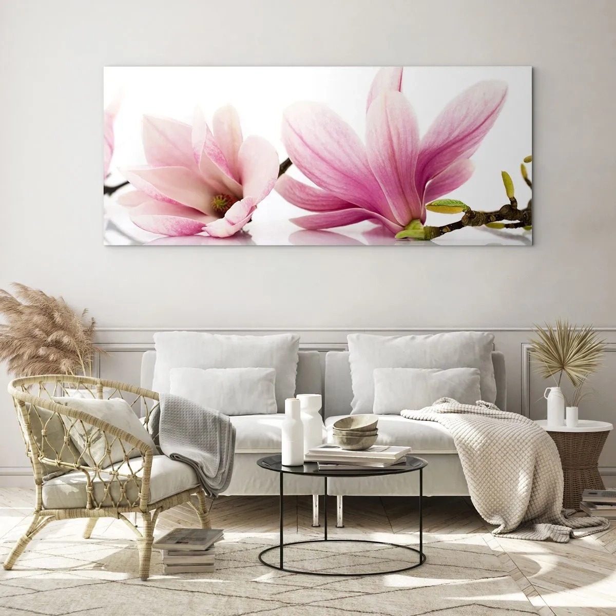 Quadro su vetro - Delicate magnolie rosa su sfondo bianco - 140x50cm - Delicati come un soffio di primavera - Decorazione murale moderna per soggiorno e camera da letto ARTTOR