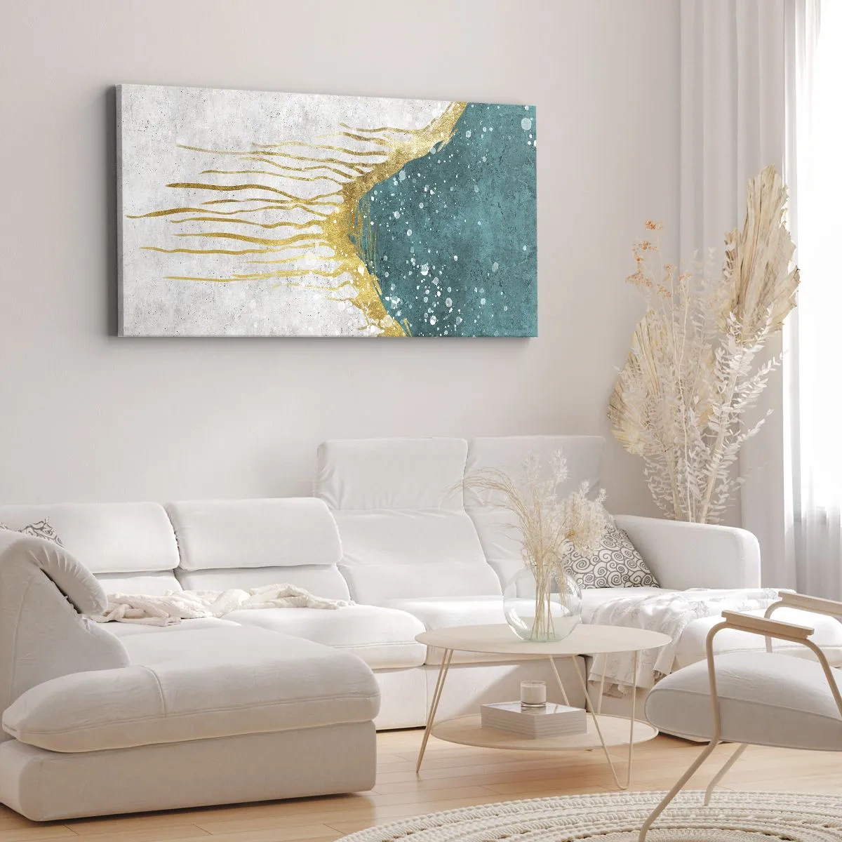 Quadro su tela - Stampe su Tela - Una composizione astratta nei toni dell'oro e del turchese - 140x50cm - Flusso dorato - Decorazione murale moderna per soggiorno e camera da letto ARTTOR