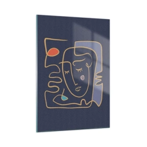 Quadro su vetro - Volto astratto in contorno su sfondo blu navy - 50x70cm - Pensierosa - Decorazione murale moderna per soggiorno e camera da letto ARTTOR