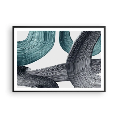 Poster in cornice nera - Linee astratte fluide nelle tonalità del verde e del grigio - 100x70cm - Tracce smeraldo e nero - Decorazione murale moderna per soggiorno e camera da letto ARTTOR