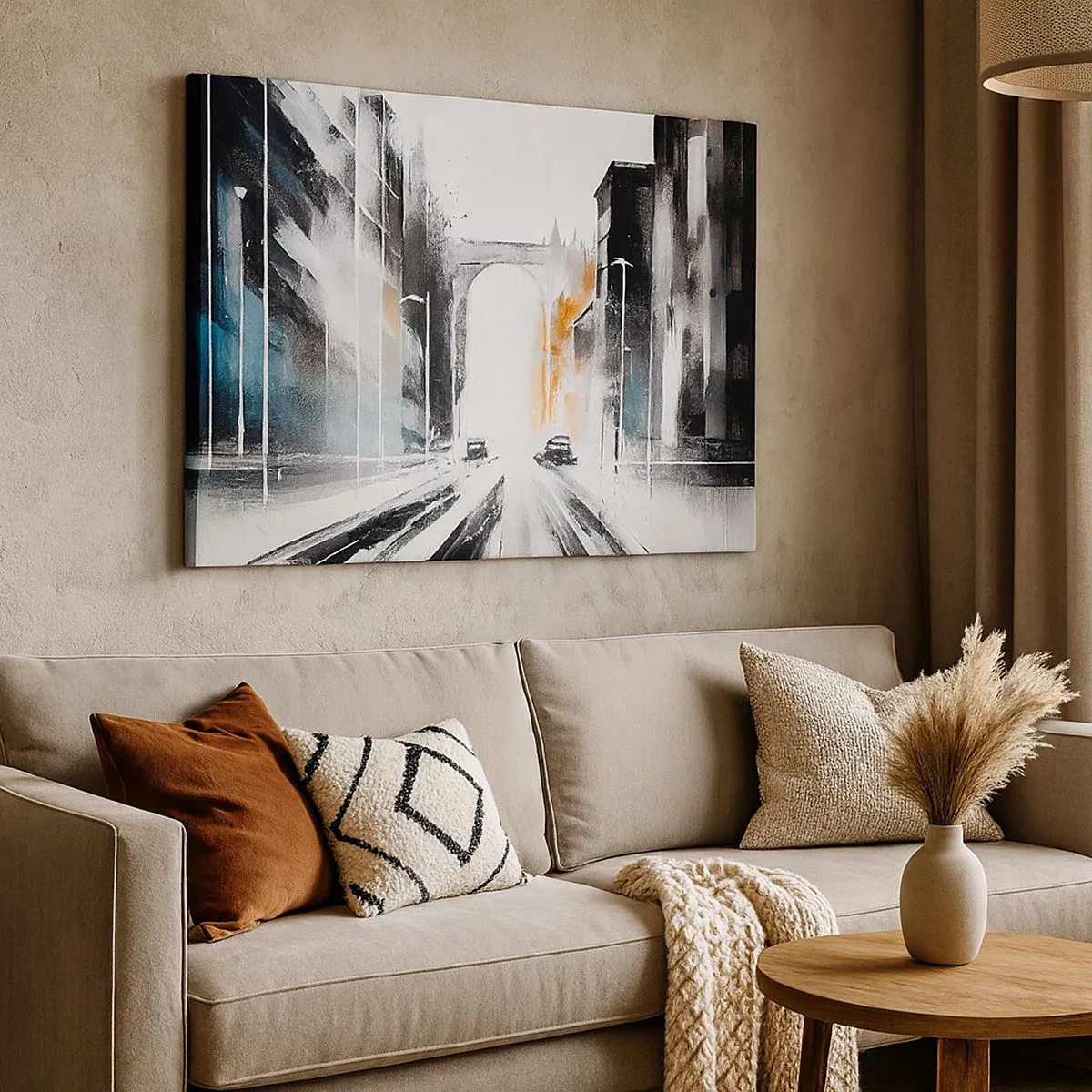 Quadro su tela - Stampe su Tela - Panorama astratto della città con un ponte ad arco - 70x50cm - Studio di città: architettura e movimento - Decorazione murale moderna per soggiorno e camera da letto ARTTOR