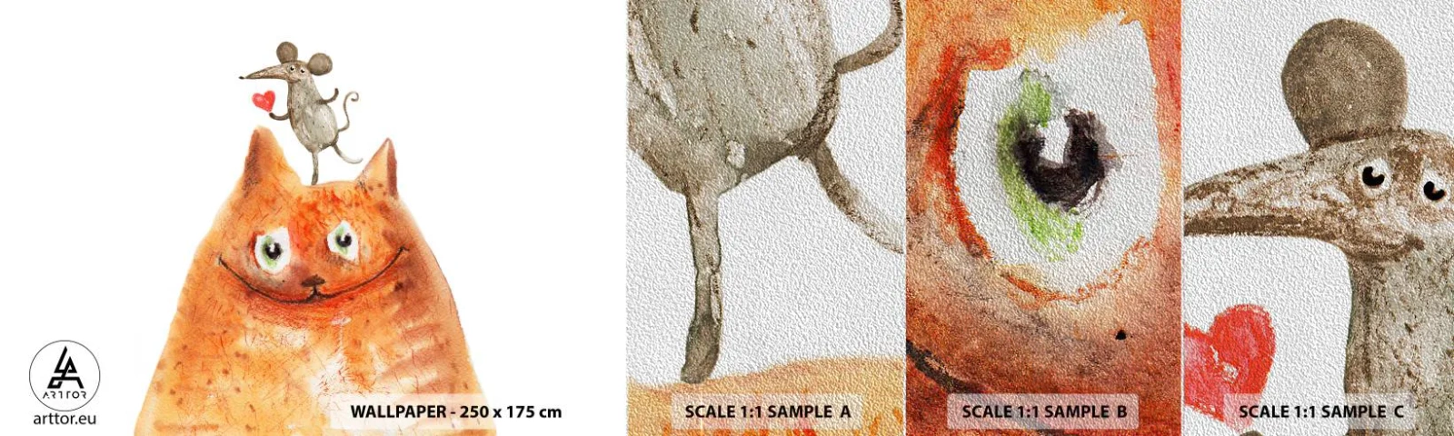 Campione di Fotomurale Premium Sand - I paradossi dell'amore - Per bambini, Topo, Gatto - 100x30 cm