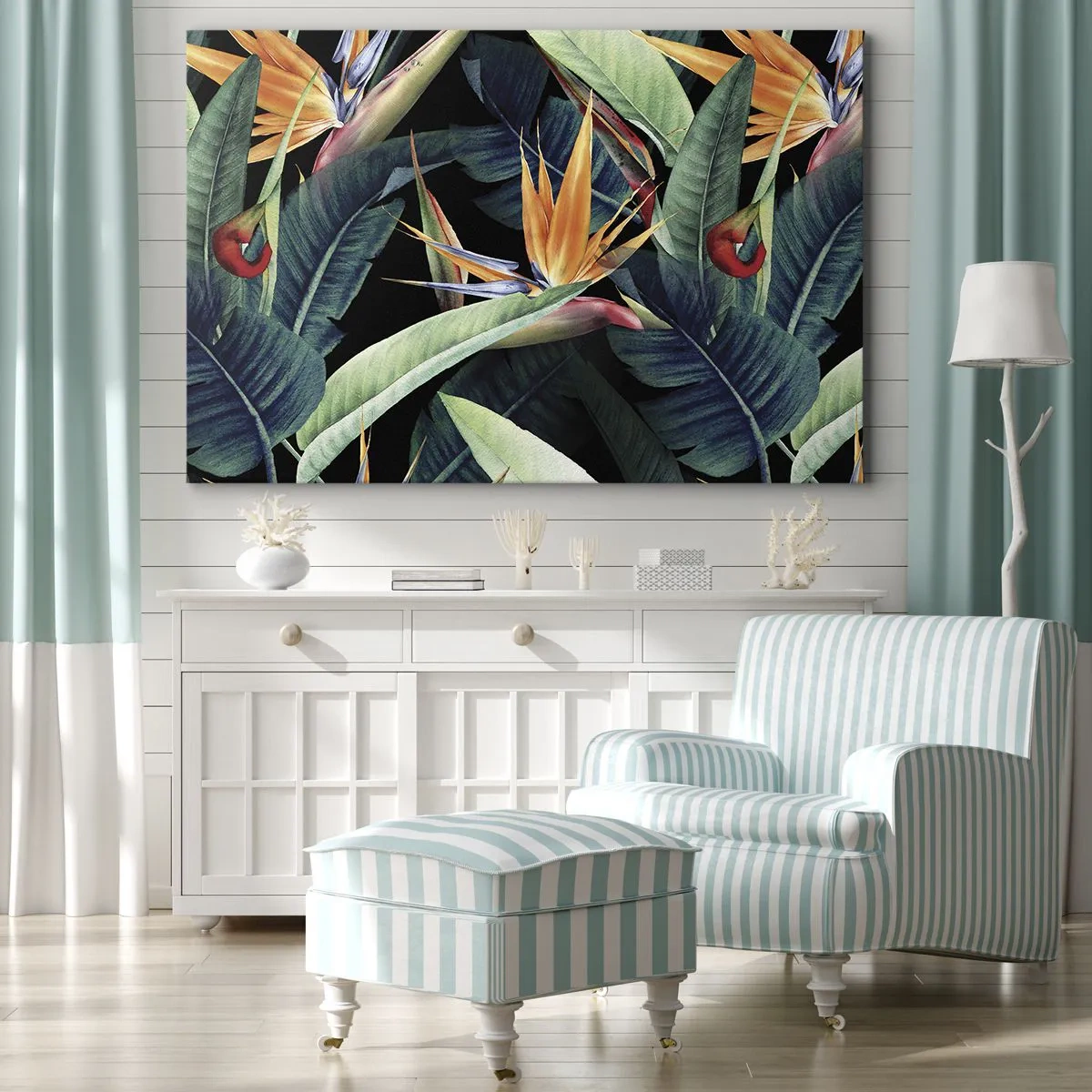 Quadro su tela - Stampe su Tela - Fiori e foglie tropicali su sfondo nero - 100x70cm - I fiori fiammeggianti dei tropici - Decorazione murale moderna per soggiorno e camera da letto ARTTOR