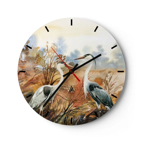 Orologio da parete - Orologio in Vetro - Due gru in un paesaggio autunnale ad acquerello - 30x30cm - Dove in autunno? - Decorazione murale moderna per soggiorno, cucina e camera da letto ARTTOR
