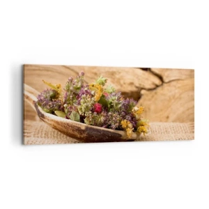 Quadro su tela - Stampe su Tela - Erbe essiccate in un cucchiaio di legno su uno sfondo di legno naturale - 120x50cm - Fiori colorati ed erbe odorose - Decorazione murale moderna per soggiorno e camera da letto ARTTOR