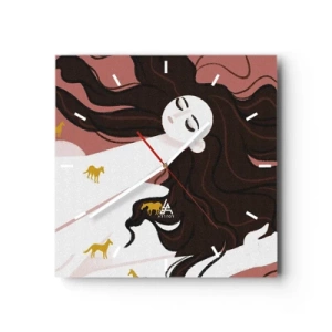 Orologio da parete - Orologio in Vetro - Una figura con gli occhi chiusi circondata da cavalli dorati - 30x30cm - Il sogno del cavallo d'oro - Decorazione murale moderna per soggiorno e camera da letto ARTTOR