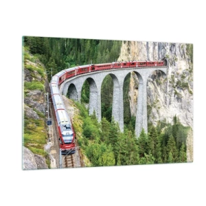 Quadro su vetro - Un treno con un ponte di montagna sullo sfondo tra paesaggi verdi - 120x80cm - Il treno tra i monti - Decorazione murale moderna per soggiorno e camera da letto ARTTOR