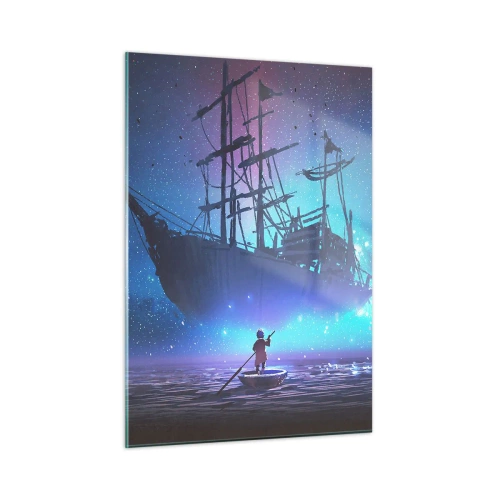 Quadro su vetro - Una nave notturna che galleggia sull'acqua in un'aura magica - 50x70cm - Incontro con il mito del mare - Decorazione murale moderna per soggiorno e camera da letto ARTTOR