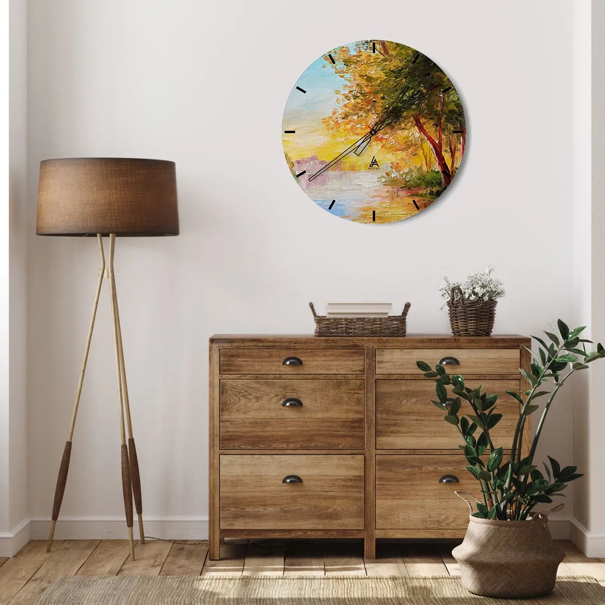 Orologio da parete - Orologio in Vetro - Alberi autunnali lungo il fiume sotto la calda luce del sole - 30x30cm - Et in Arcadia ego - Decorazione murale moderna per soggiorno, cucina e camera da letto ARTTOR