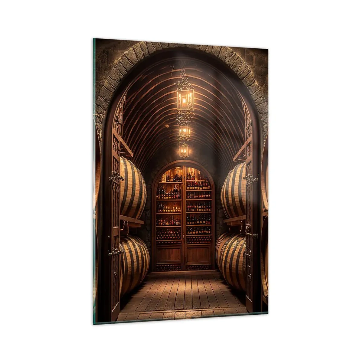 Quadro su vetro - Cantina con botti di legno e scaffali per il vino - 80x120cm - L'atmosfera della cantina - Decorazione murale moderna per soggiorno e camera da letto ARTTOR