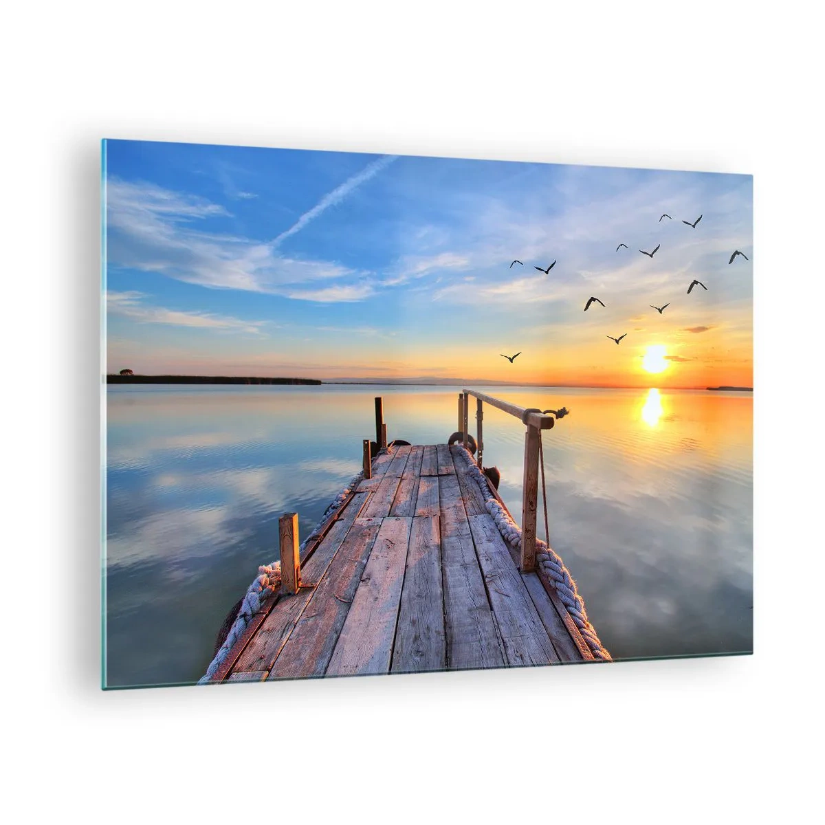 Quadro su vetro - Molo di legno sul lago al tramonto - 70x50cm - Camminando verso il sole - Decorazione murale moderna per soggiorno e camera da letto ARTTOR