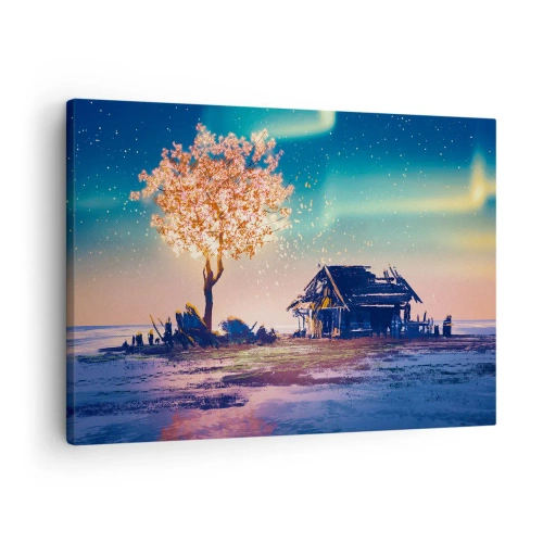 Quadro su tela - Stampe su Tela - Una casa e un albero in fiore sotto il cielo notturno - 70x50cm - La natura non passa - Decorazione murale moderna per soggiorno e camera da letto ARTTOR