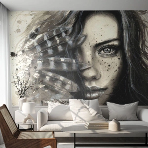 Fotomurali Standard Eco - Ritratto di donna con piume in stile monocromatico - 100x70cm - Bellezza selvaggia - Decorazione murale moderna per soggiorno e camera da letto ARTTOR