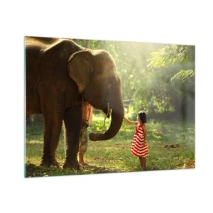 Quadro su vetro - Una ragazza con un vestito rosso tocca un elefante nella foresta. - 100x70cm - La forza dell'amicizia - Decorazione murale moderna per soggiorno e camera da letto ARTTOR