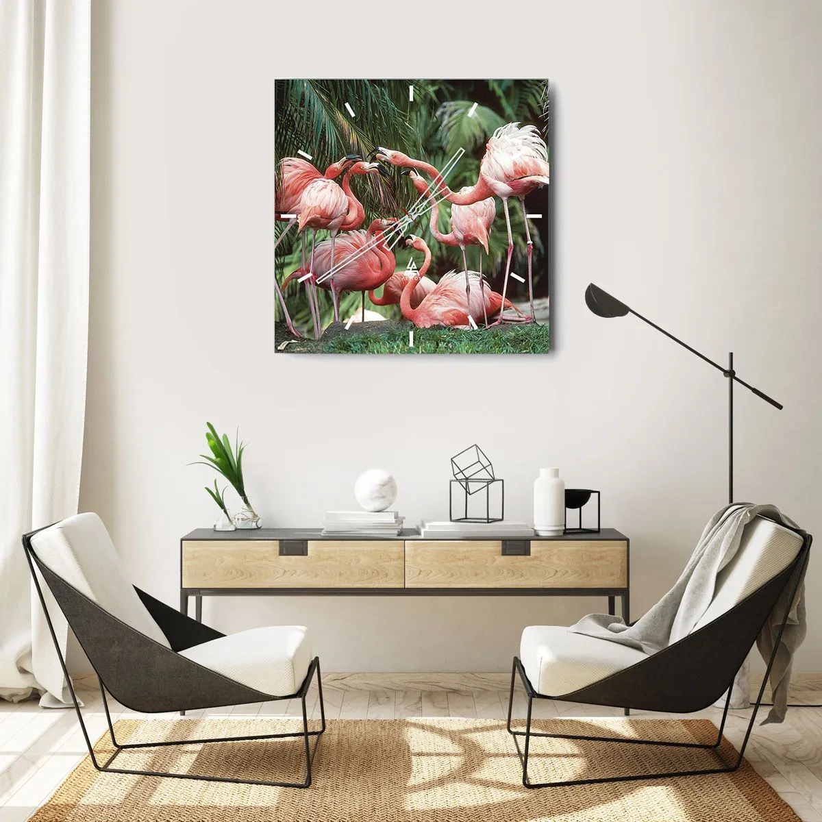 Orologio da parete - Orologio in Vetro - Un gruppo di fenicotteri in un ambiente tropicale circondato da palme - 30x30cm - Pettegolezzi pomeridiani - Decorazione murale moderna per soggiorno e camera da letto ARTTOR