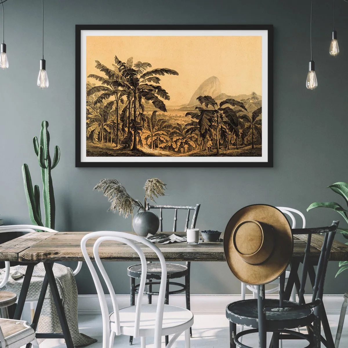 Poster in cornice nera - Disegno di alberi di banana su uno sfondo di paesaggio tropicale - 100x70cm - Nel clima coloniale - Decorazione murale moderna per soggiorno e camera da letto ARTTOR