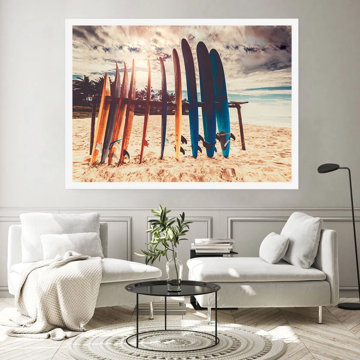 Poster - Tavole da surf sulla spiaggia al tramonto - 100x70cm - Buonanotte, a domani - Decorazione murale moderna per soggiorno e camera da letto ARTTOR
