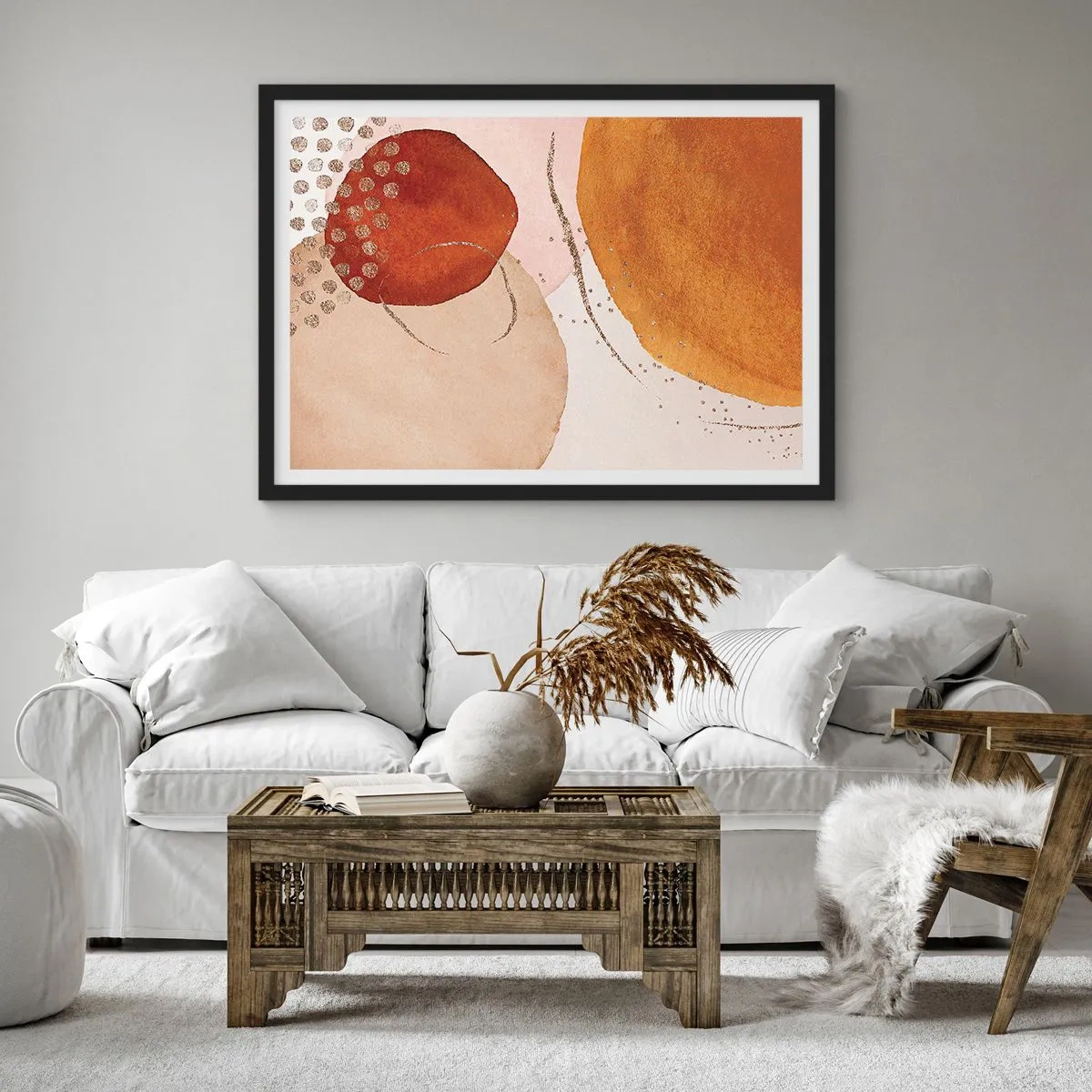 Poster in cornice nera - Forme astratte in calde tonalità di marrone e oro - 100x70cm - Rotondità e movimento - Decorazione murale moderna per soggiorno e camera da letto ARTTOR