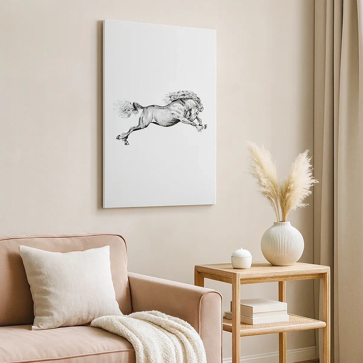 Quadro su tela - Stampe su Tela - Schizzo di un cavallo al galoppo dinamico su sfondo bianco - 50x70cm - Fermo al galoppo - Decorazione murale moderna per soggiorno e camera da letto ARTTOR