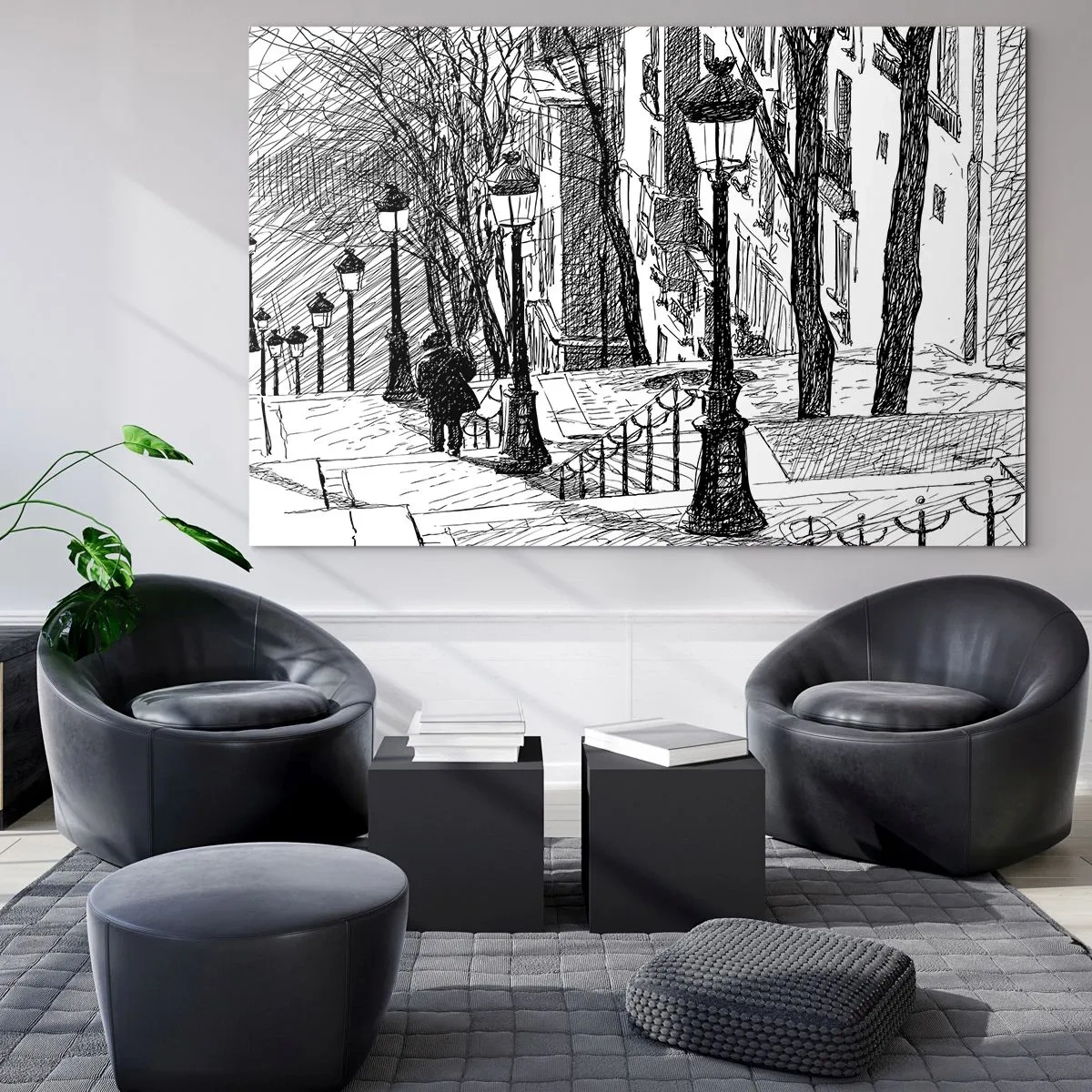 Quadro su vetro - Disegno in bianco e nero di una strada cittadina con lanterne - 100x70cm - Storia d'amore o racconto di paura? - Decorazione murale moderna per soggiorno e camera da letto ARTTOR