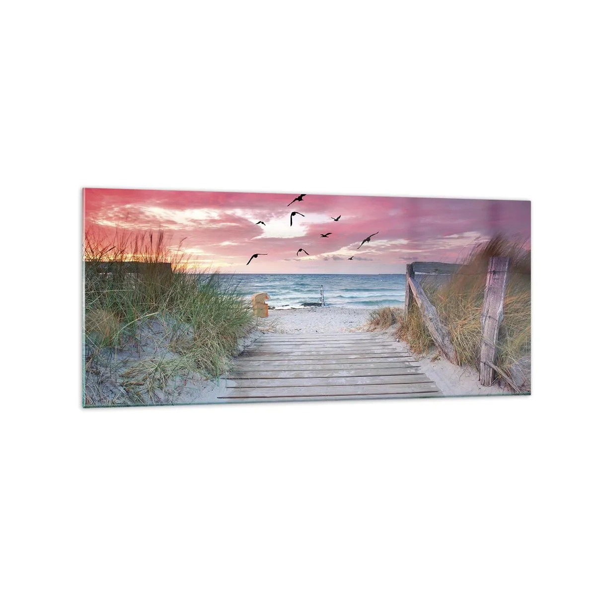 Quadro su vetro - Sentiero in legno sulla spiaggia al tramonto rosa - 120x50cm - Impressioni baltiche - Decorazione murale moderna per soggiorno e camera da letto ARTTOR
