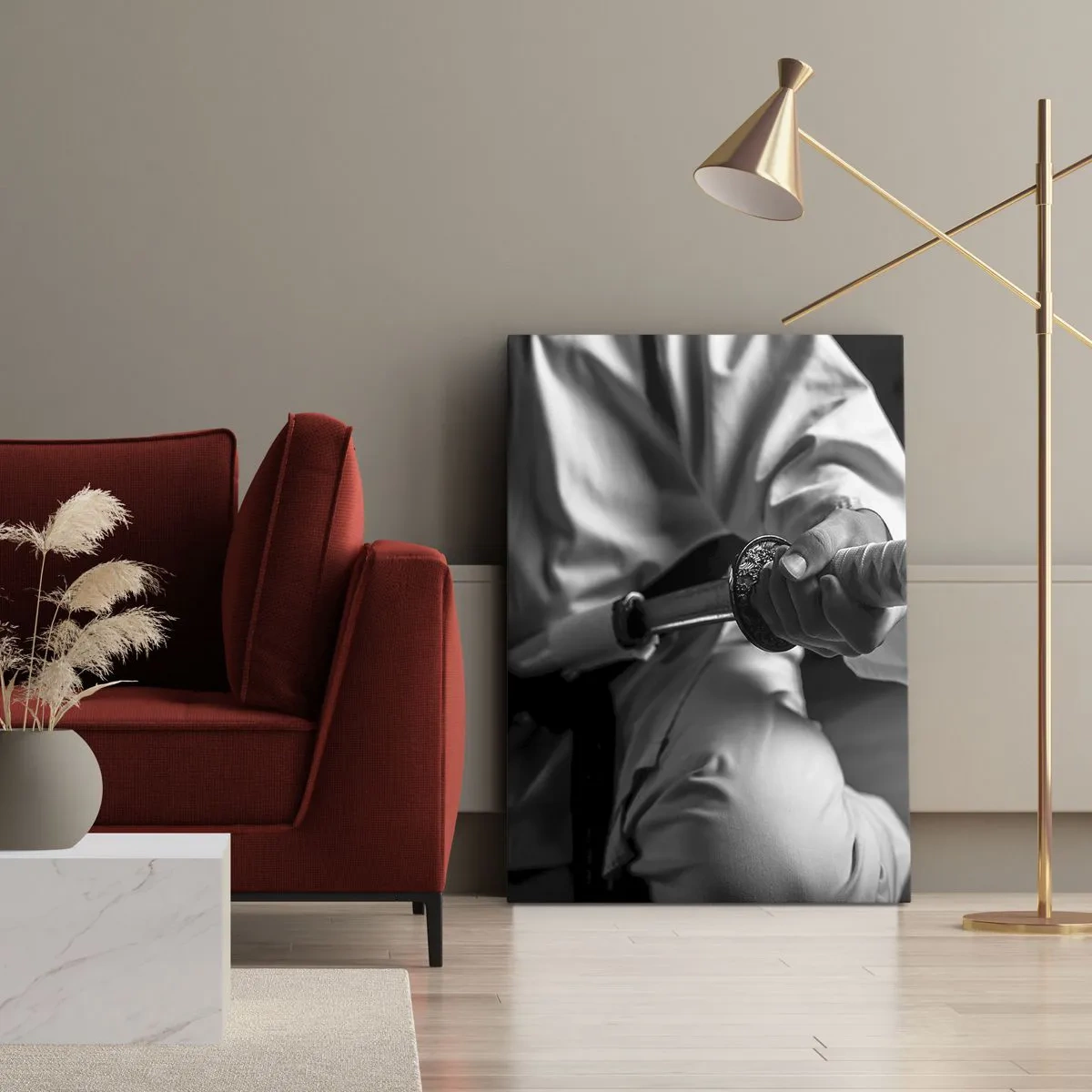 Quadro su tela - Stampe su Tela - Un samurai in kimono che impugna una katana in bianco e nero. - 50x70cm - L'anima del guerriero - Decorazione murale moderna per soggiorno e camera da letto ARTTOR