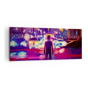 Quadro su tela - Stampe su Tela - Un uomo in una scena notturna di una città al neon - 120x50cm - Immerso nella luce - Decorazione murale moderna per soggiorno e camera da letto ARTTOR