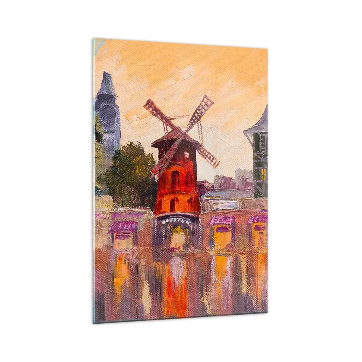 Quadro su vetro - Il mulino a vento rosso del Moulin Rouge circondato dal paesaggio urbano - 80x120cm - Le icone di Parigi: il Moulin Rouge - Decorazione murale moderna per soggiorno e camera da letto ARTTOR
