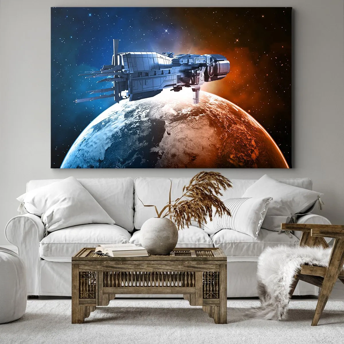 Quadro su tela - Stampe su Tela - Un'astronave sullo sfondo di un pianeta nello spazio - 120x80cm - Un attento osservatore - Decorazione murale moderna per soggiorno e camera da letto ARTTOR