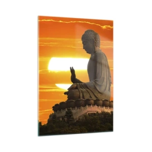 Quadro su vetro - Statua del Buddha sullo sfondo del sole al tramonto - 50x70cm - Senza paura davanti al mondo - Decorazione murale moderna per soggiorno e camera da letto ARTTOR