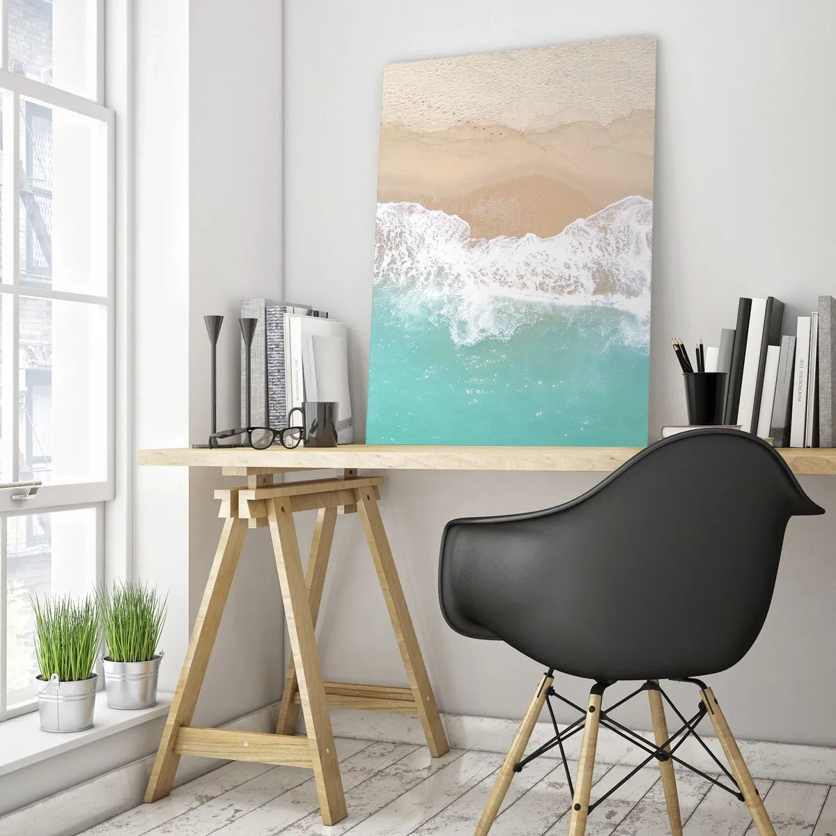 Quadro su vetro - Una vista a volo d'uccello di una spiaggia con acqua turchese e onde dolci - 70x100cm - Un tocco carezzevole - Decorazione murale moderna per soggiorno e camera da letto ARTTOR